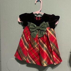 Bonnie Baby Festive Plaid Dress with Green Bow